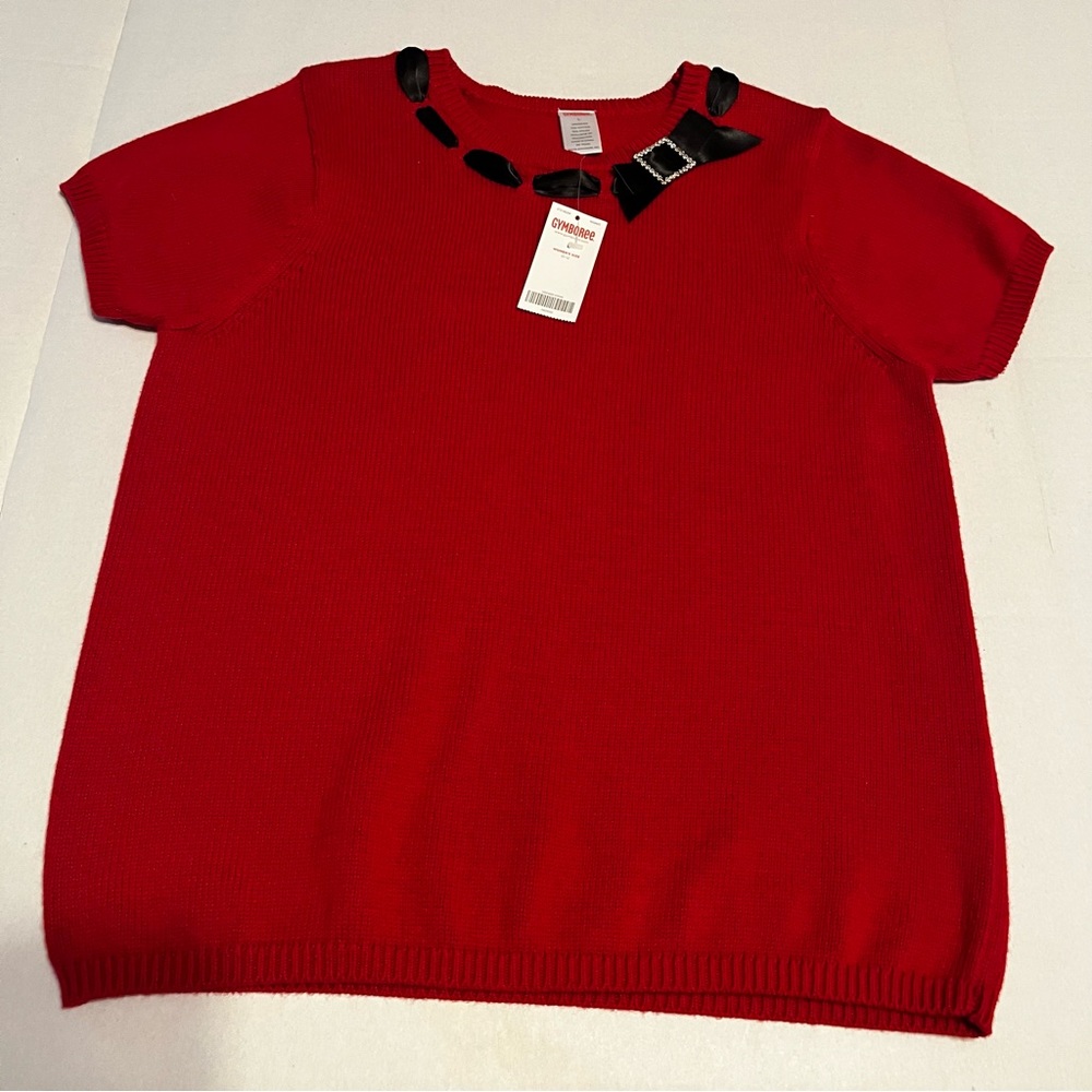 Gymboree Womens SZ Large Red Short Sleeve Sweater Black Ribbon Collar Preppy NEW